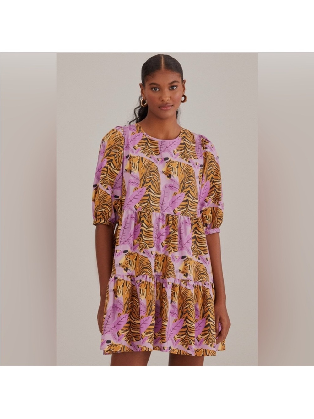 FARM Rio Pink & Yellow Tiger Print Tiered Dress